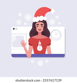 Online call from a character. New Year's greeting. The character is wearing a New Year's hat in the video call frame. Christmas theme. Vector set in a flat style