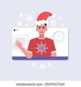 Online call from a character. New Year's greeting. The character is wearing a New Year's hat in the video call frame. Christmas theme. Vector set in a flat style