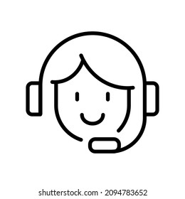 Online Call Client Support Helpline Linear Monochrome Icon Vector Illustration. Woman Head In Headset With Microphone Customer Service Agent For Remotely Consulting Advice. Help Assistant Operator