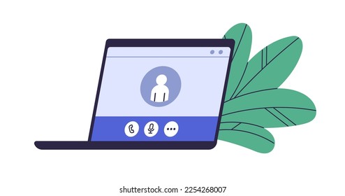 Online call, communication concept. Laptop screen, web service for video conference, webinar. Computer display, videoconference software. Flat graphic vector illustration isolated on white background