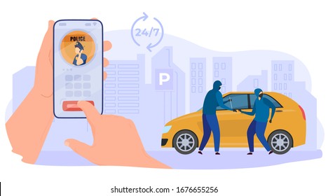 Online Call Police, Criminal Character Steal Car, Hand Hold Mobile Phone With Application, Isolated On White, Flat Vector Illustration. 24 7 Call Center. Design Web Banner, Poster And Postcard.