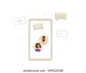 Online call. Social media networking app. Audio and video chat. Talking with friends with voice and phone. Vector flat illustrator.