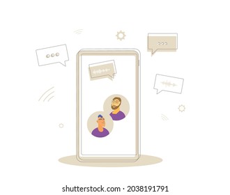Online call. Social media networking app. Audio and video chat. Talking with friends with voice and phone. Vector flat illustrator.