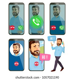 Online Call Vector. Man Face. Mobile Smartphone Screen. Video, Voice Chatting Online. Speaking. Calling Application Interface. On-line Chat App. Communication. Wireless Talking. Illustration