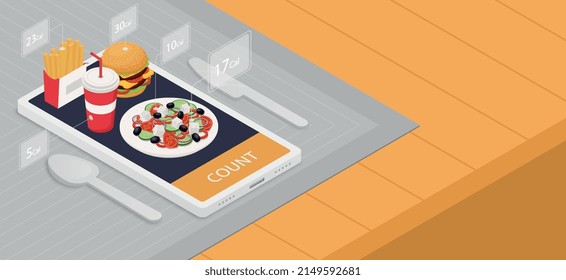 Concepto de Calculadora de calorías en línea. Página de inicio con deliciosa comida o comida rápida en la pantalla del smartphone. Valor energético de los productos o platos. Comer dietético o saludable. Ilustración vectorial isométrica de dibujos animados