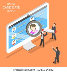 Online candidate search flat isometric vector. Group of HR managers are looking for an new employee.
