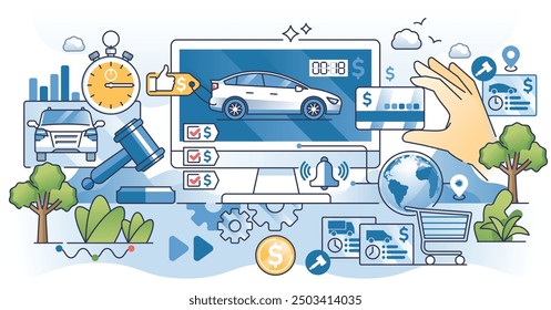 Online Auto Auktion auf digitalen Fahrzeug Verkauf Plattform skizzieren Hände Konzept. Nutzung der E-Auktions-Website, um neue oder gebrauchte Autos für günstigere Preis, Vektorgrafik zu kaufen. Bieten Sie bei einer Auktion mit legalem Angebot an.