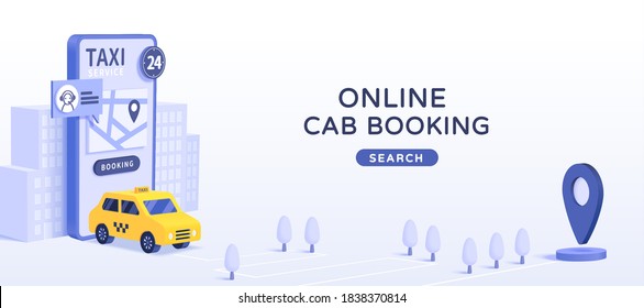 Online Car Booking App Ad Design Template, 3D Minimal Illustration Of Online Car Hire Mobile App On Light Blue Background