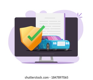 Online car insurance coverage protection contract document vector, auto vehicle guarantee assurance legal policy digital shield vector flat illustration, automobile warranty safety agreement