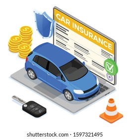 Online Car Insurance Isometric Concept for Poster, Web Site, Advertising with Car Insurance Policy on screen laptop, Money, Key and Shield. isolated vector illustration