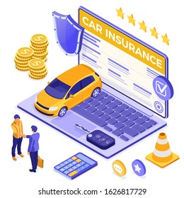 Online Car Insurance Isometric Concept for Poster, Web Site, Advertising with Car Insurance Policy on screen laptop, people handshake, money, key and shield. isolated vector illustration