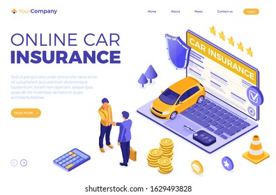 Online Car Insurance Isometric Concept for Web Site, Advertising with Car Insurance Policy on screen laptop, people handshake, money and shield. landing page template. isolated vector illustration