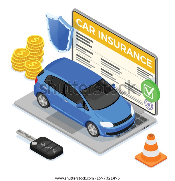 Online Car Insurance\
Isometric Concept for Poster, Web Site, Advertising with Car\
Insurance Policy on screen laptop, Money, Key and Shield. isolated\
vector illustration