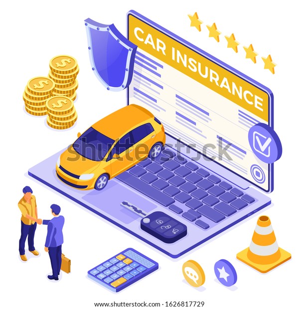 Online Car Insurance Isometric Concept for\
Poster, Web Site, Advertising with Car Insurance Policy on screen\
laptop, people handshake, money, key and shield. isolated vector\
illustration
