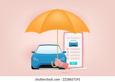 Online Car Insurance on the mobile app.Advertising with Car Insurance Policies on smartphones. Car automobile insurance. Car services concept. 3d vector illustration.