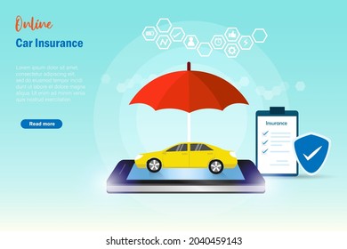 Online car insurance. Car on smart phone under protection from insurance policy, umbrealla and shield. Car accident, travel and car insurance concept.