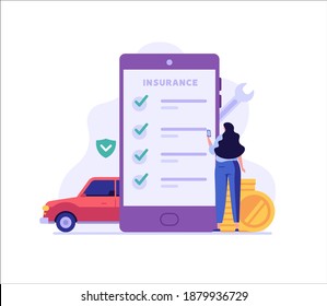 Online Car Insurance Vector Illustration. Woman Buying Car Insurance And Signing Form With Phone. Concept Of Car Insurance Mobile Services, Protection Property, Road Accident For Web Design