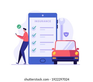 Online Car Insurance Vector Illustration. Man Buying Car Insurance And Signing Form With Phone. Concept Of Car Insurance Mobile Services, Protection Property, Road Accident For Web Design