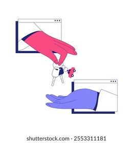 Online Car Key Exchange Through Digital Windows In Flat Vector Illustration Symbolizing Car Rental, Purchase, And Online Transactions, Isolated On White Background.