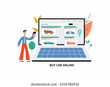 Online car purchasing banner with man cartoon character using mobile phone to buy new car, vector illustration isolated on white background. App for automobile buying.