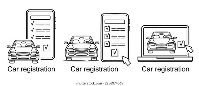 Online car registration service, auto transport insurance on mobile phone, maintenance inspection report line icon. Web internet document buy vehicle. Check list automobile repair on computer. Vector