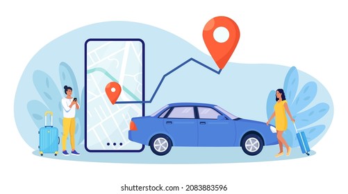 Alquiler de coches en línea. Personas que usan aplicaciones móviles para pedir taxi o compartir coche. Mujer cerca de la pantalla del smartphone con la ruta y la marca de ubicación en un mapa de la ciudad. Ilustración del vector