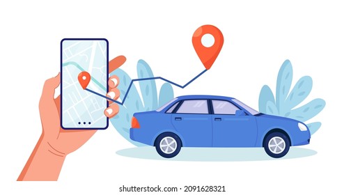 Alquiler de coches en línea. Personas que usan aplicaciones móviles para pedir taxi o compartir coche. Mano humana sostiene smartphone con ruta y marca de ubicación en un mapa de la ciudad. Ilustración del vector