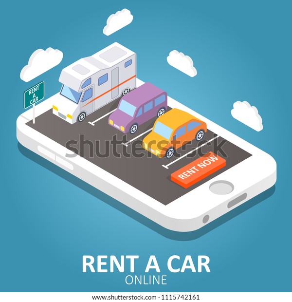 Online car rental concept vector\
isometric illustration. Smartphone with car, trailer, rent a car\
sign and rent now button. Mobile app design\
template.