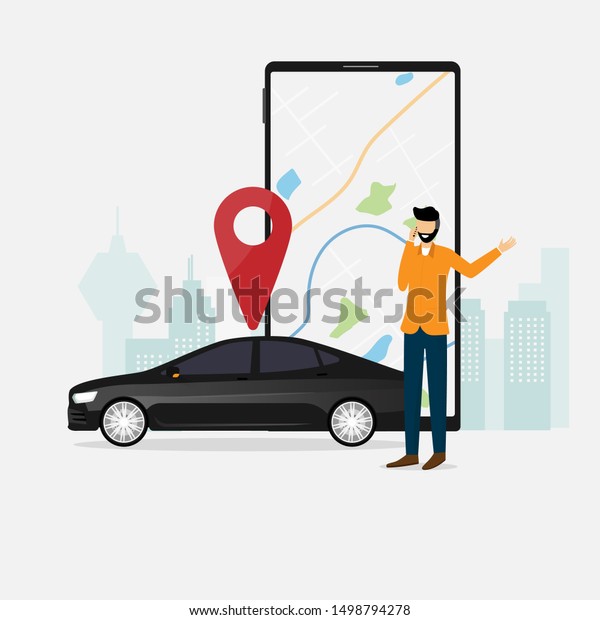 Online car rental\
service concept. Businessman is calling to order for rental car\
with giant smartphone and city background. Vector illustration in\
flat trendy style. 