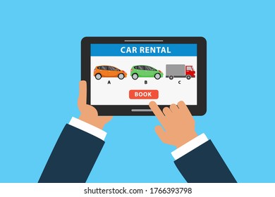 Online Car rental vector concept: Hands using a tablet computer for car rent reservation