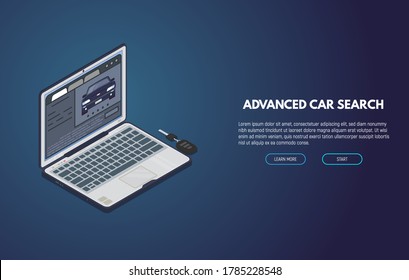 Online Car Search Web Site. Isometric Laptop With Car Ad. Online Searching Tool For Used Or New Cars. Computer App For Automobile Buy And Sell.