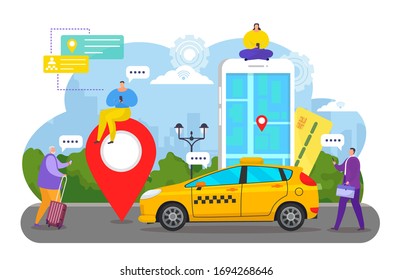 Online car service app vector illustration. Flat cartoon tiny people order taxi cab using smartphone, client sharing point location on city map. Mobile ordering transport concept isolated on white