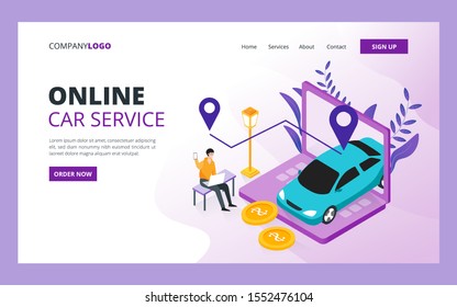 Online car service landing page template. Car sharing, online taxi and online city transportation concept for website and mobile website development