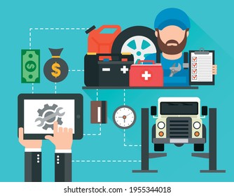 Online car service and maintenance concept. Car service call. Car service design flat. Vector illustration