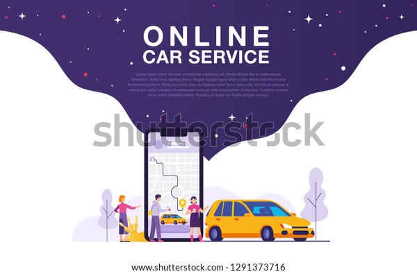 Online car service vector illustration concept,\
mobile city car sharing with mobile apps, vector illustration for\
banner, poster, web, flyer,\
