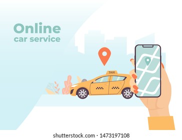 Online car service, woman hand with smartphone with map city, can use for landing page, template, web, mobile app, flyer, poster, banner. Flat vector illustration.