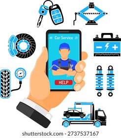 Online Car Services Concept Online Car Services Infographics. Man Holds Smartphone in hand and orders car mechanic. Flat Style Icons. Isolated vector illustration