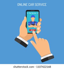 Online Car Services Concept. Man Holds Smartphone in hand and orders car mechanic. Flat Style Icons. Isolated vector illustration
