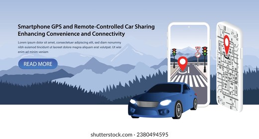 Online car sharing and booking service via smartphone app. Smart phone with location mark and pin in map. Connected vehicle remote parking. Vector.