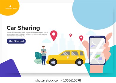 Online car sharing with cartoon character and smartphone, can use for, landing page, template, ui, web, mobile app, poster, banner, flyer