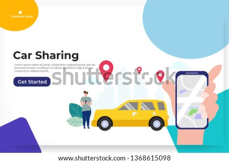 Online car sharing with cartoon character and smartphone, can use for, landing page, template, ui, web, mobile app, poster, banner, flyer