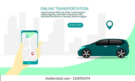Online car sharing  concept with character, People use smartphone to order online mobile car transportation, Can use for landing page, mobile app, web page, Background template Vector Illustration 