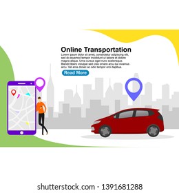 Online car sharing  concept with character, People use smartphone to order online mobile car transportation, Can use for landing page, mobile app, web page, Background template Vector 