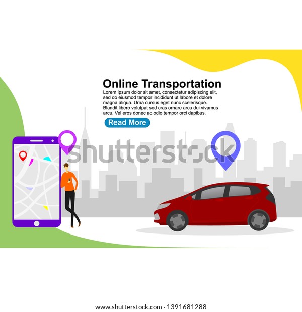 Online car\
sharing  concept with character, People use smartphone to order\
online mobile car transportation, Can use for landing page, mobile\
app, web page, Background template Vector\

