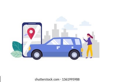 Online car sharing, mobile city transportation vector illustration concept with smartphone for web landing page template, banner, flyer and presentation.