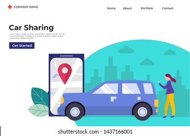 Online car sharing, mobile city transportation vector illustration concept with smartphone for web landing page template, banner, flyer and presentation.