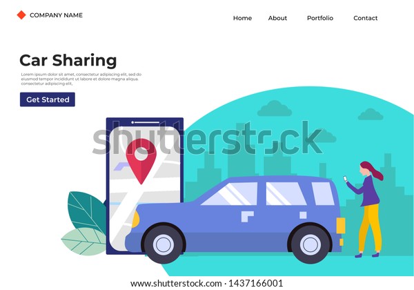 Online car sharing, mobile city
transportation vector illustration concept with smartphone for web
landing page template, banner, flyer and
presentation.