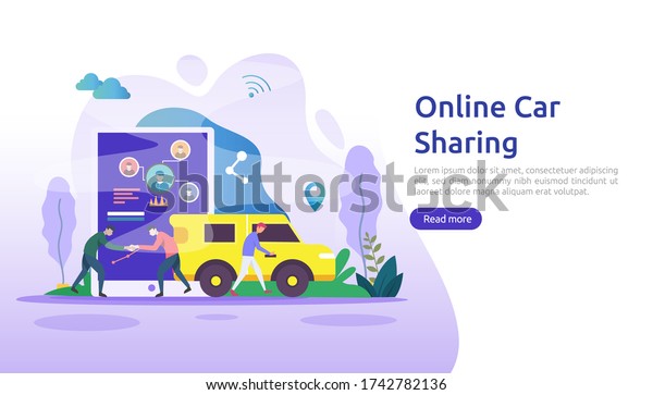 Online car sharing or rental concept. mobile city\
transportation with navigation smartphone, online map, GPS and\
people character for web landing page template, banner,\
presentation, ad or print\
media