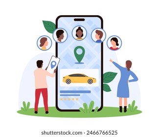 Servicio de coche compartido en línea con control a través del App de teléfono móvil, estacionamiento remoto de vehículos conectados. La gente pequeña utiliza la aplicación con el coche y el pin de ubicación en la Ilustración vectorial de dibujos animados de la pantalla del smartphone