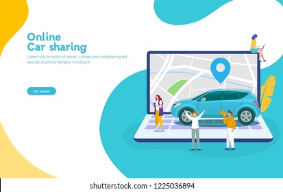 Online Car Sharing Vector Illustration Concept, Mobile City Transportation With Cartoon Character And Use Smartphone, 
Can Use For, Landing Page, Template, Ui, Web, Mobile App, Poster, Banner, Flyer